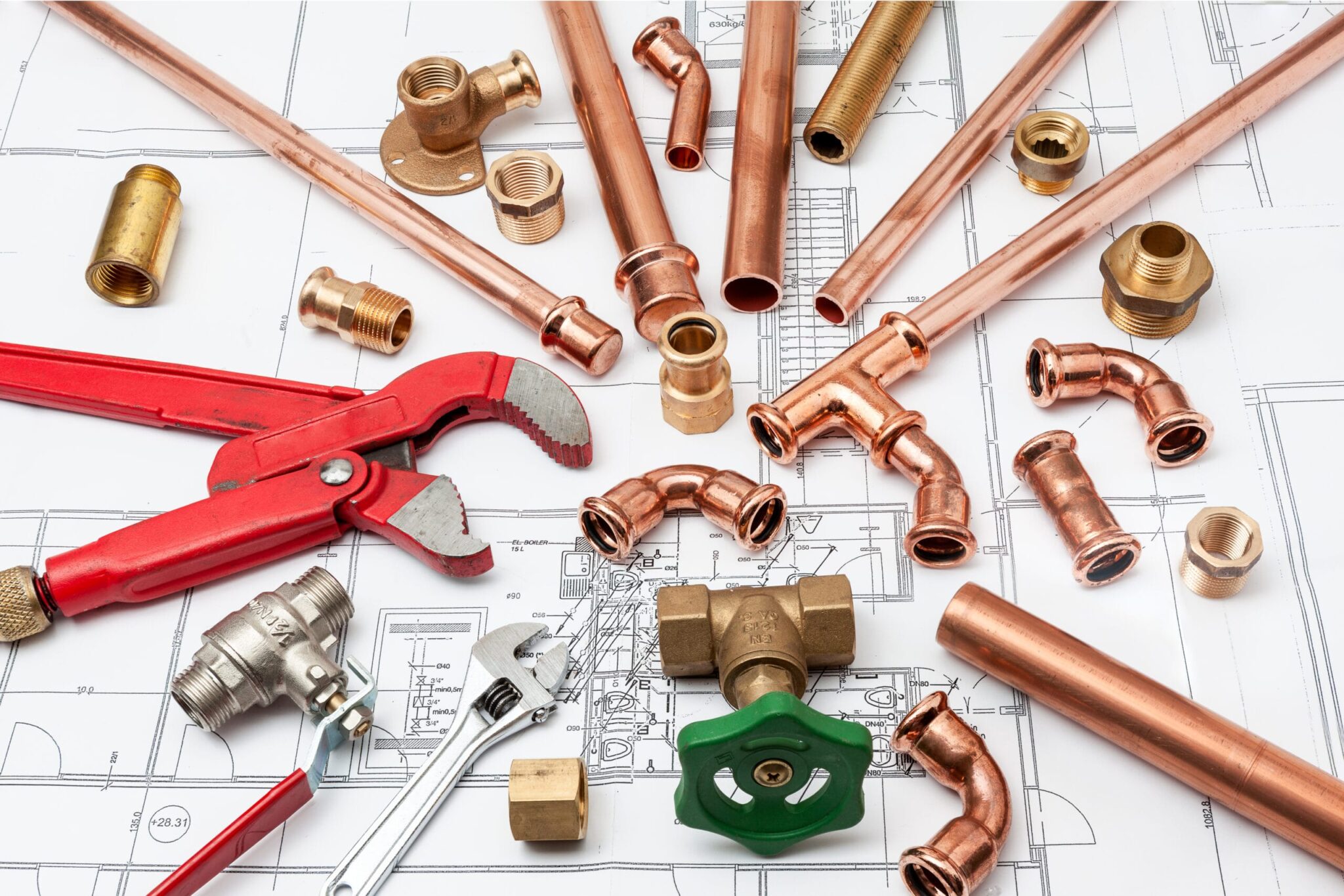 Copper pipes, fittings, valves, and plumbing tools in Pittsburgh