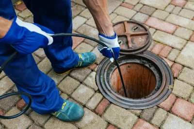 Plumber cleaning an outdoor sewer drain in Pittsburgh