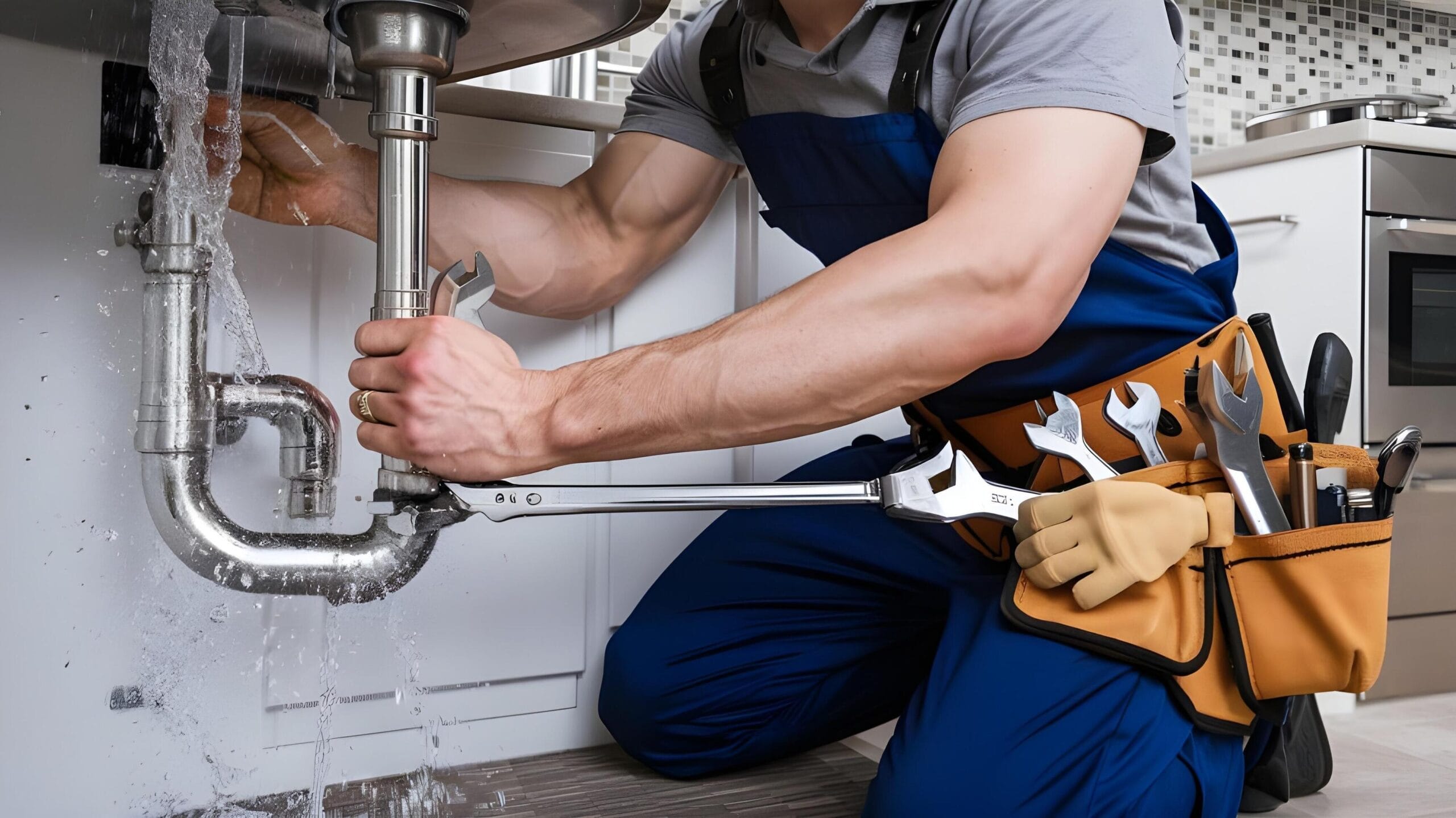 Plumber tightening a residential plumbing pipe in Pittsburgh