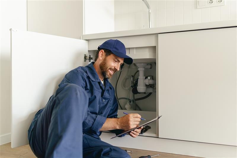 Residential plumber reviewing plumbing repairs in a Pittsburgh kitchen